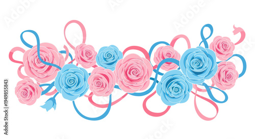 Pink and Blue Roses Floral Arrangement with Ribbons