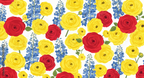 Vibrant Floral Pattern: Red and Yellow Ranunculus with Blue Delphiniums
