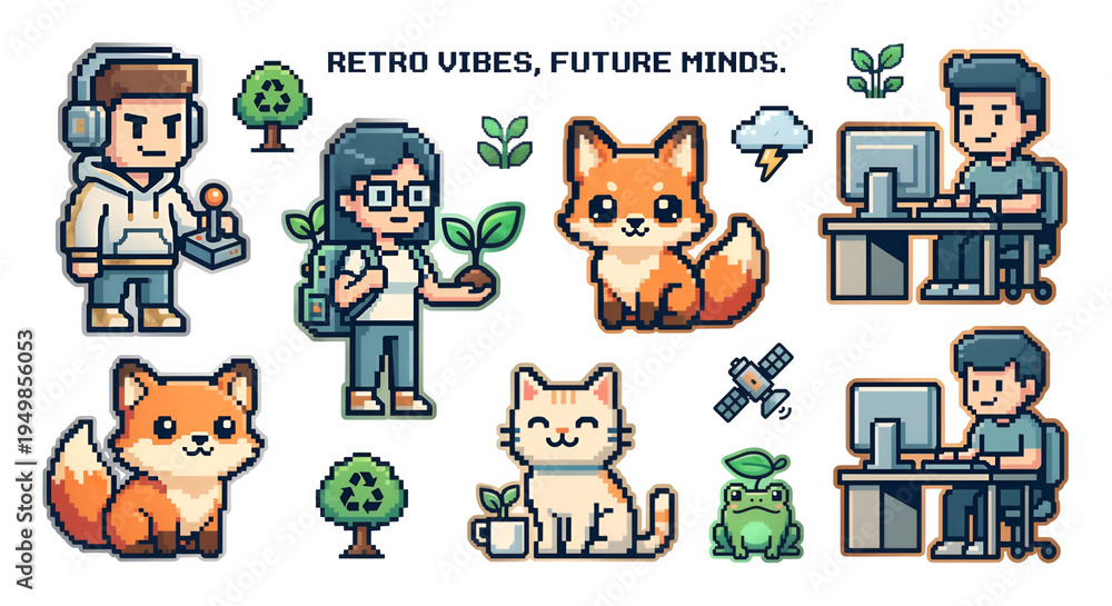 Fototapeta premium A colorful pixel art illustration of people and animals on transparent background