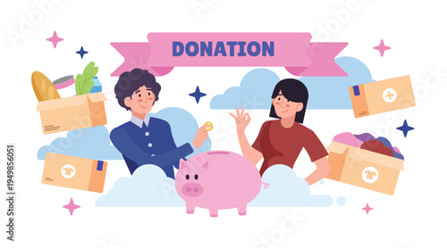 Online donation illustration with people giving boxes and piggy bank, charity support, crowdfunding, social help and volunteer activity concept.