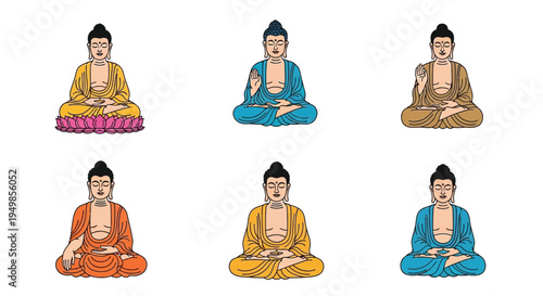 Six depictions of buddha in various meditative poses and colored robes