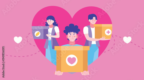 Love donation illustration with volunteers holding heart box, charity support, kindness, humanitarian help and social care concept.
