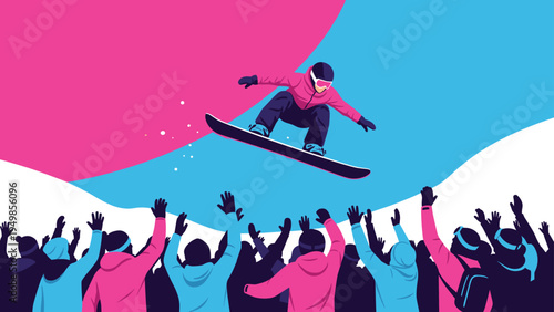 Professional snowboarder performing a high air trick over a crowd of cheering fans at a competitive winter sports mountain event.