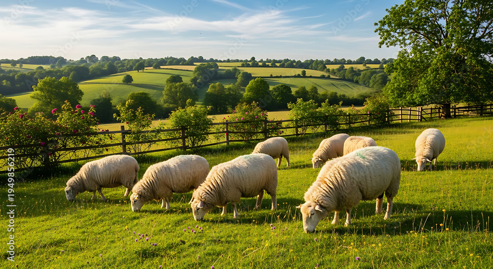 Fototapeta premium Sheep grazing peacefully in a green field.
