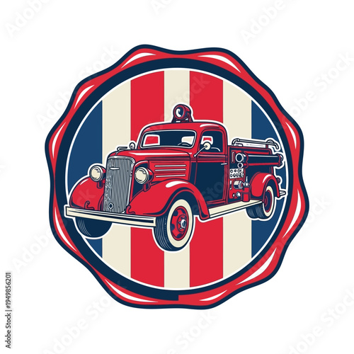 Vintage fire truck on a patriotic union jack background with wax seal effect
