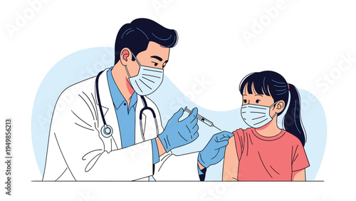 Male doctor wearing a face mask and surgical gloves administering a vaccination shot to a young girl in a clinic to protect her health.