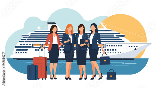 Group of professional businesswomen standing on a dock with a large luxury cruise ship at sunset during a corporate retreat trip.