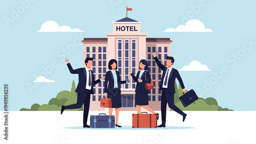 Cheerful business professionals with luggage waving and celebrating their arrival at a luxury hotel building for a corporate event.