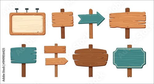 Collection of various wooden signs and arrows isolated on white background