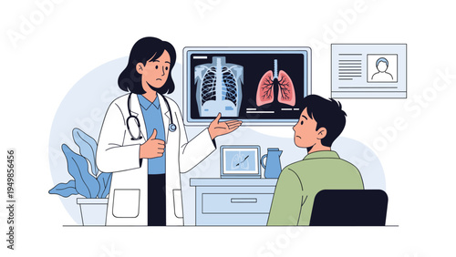 Female doctor discussing lung health with a male patient while pointing at chest x-ray scans during a medical consultation at a clinic.