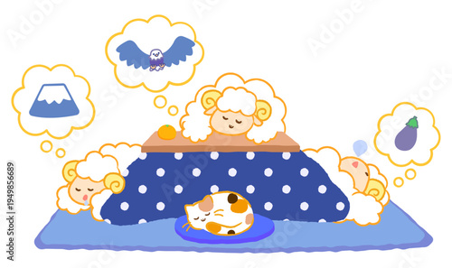 こたつで初夢を見る3匹の羊と三毛猫のイラスト。一富士二鷹三茄子。青色の水玉模様の炬燵。ベクター。