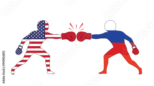 Concept of international competition featuring two boxers with their bodies painted like the national flags of the USA and Russia.