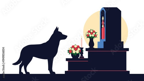 Silhouette of a faithful dog standing in front of a pet memorial grave with flowers and a lit candle in a peaceful remembrance scene.