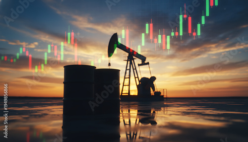 Oil barrels stand near pumpjack with stock market chart overlay at sunset. Crude oil extraction energy trade analysis. Fossil fuel industry finance. Oil & Gas Industry / Energy Market & Finance