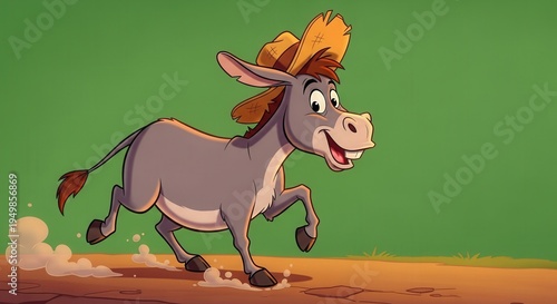 Cartoon Donkey Wearing Cowboy Hat Running on Flat Surface Under Green Background