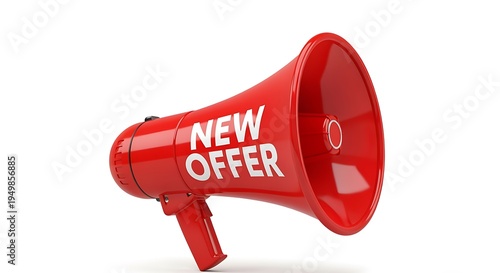 Red megaphone loudspeaker with NEW OFFER text for announcements and promotions  loudhailer for public address
