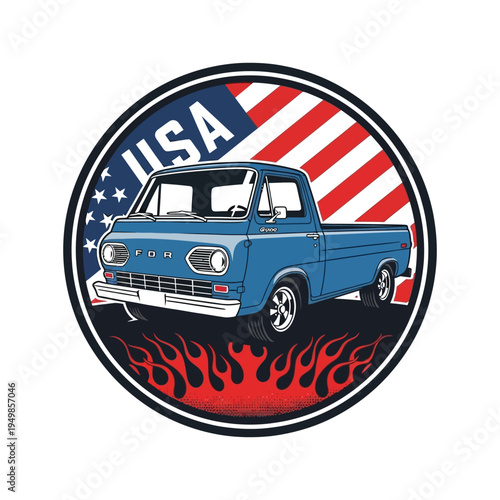 Vintage american pickup truck with usa flag and flame design on round sticker