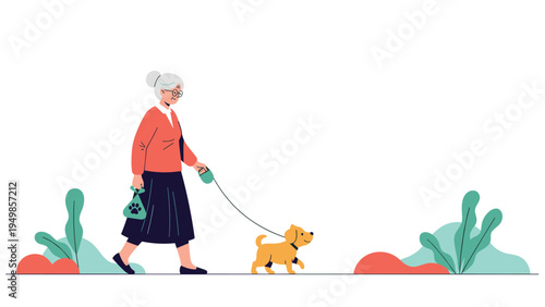 Senior woman responsibly walking her small dog in a park while carrying a pet waste bag to maintain a clean and healthy environment.