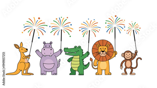 Diverse group of cute zoo animals holding colorful sparklers and celebrating a festive holiday event together on a white background.