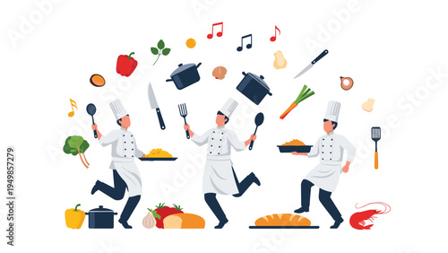 Dynamic group of professional chefs dancing and juggling with various kitchen utensils and fresh food ingredients in a kitchen.