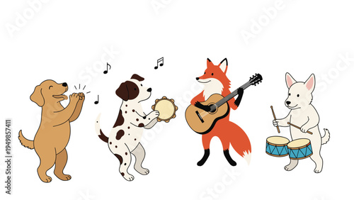 Group of domestic animals and a fox playing a guitar, tambourine, and drums in a joyful animal music band on a clean white background.