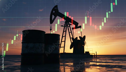 Oil barrels stand near pumpjack with stock market chart overlay at sunset. Crude oil extraction energy trade analysis. Fossil fuel industry finance. Oil & Gas Industry / Energy Market & Finance