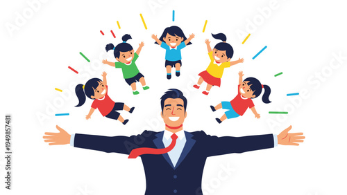 Successful businessman in a suit standing with open arms while a group of diverse children jump for joy in a circular formation around him.