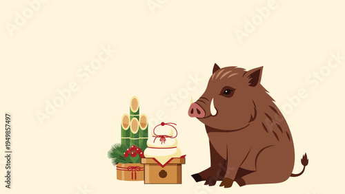 Japanese New Year wild boar character sitting next to traditional kado matsu pine decorations and rice cakes on a light background.