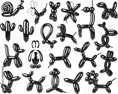 Set of black balloon animals and shapes collection isolated on white background for birthday party
