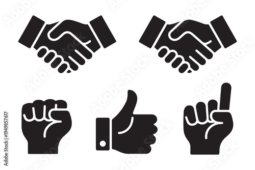 Professional hand gestures set featuring deal handshake clenched fist thumbs up and index finger raised icons