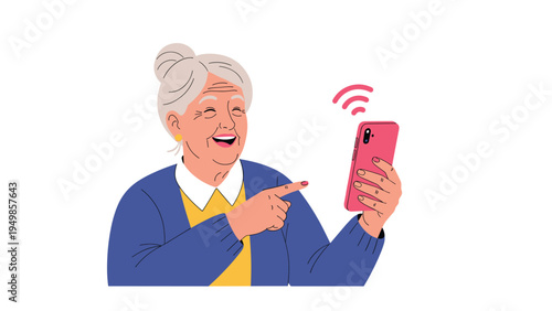 Happy elderly woman with gray hair smiling and pointing at her pink smartphone with a wireless signal icon above it.