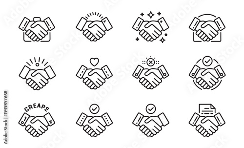 Business handshake line icon set showing various agreement stages deal verification and partnership symbols