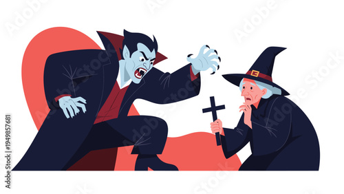Angry vampire in a black cloak lunging towards a terrified old witch holding a wooden cross for protection on a red background.