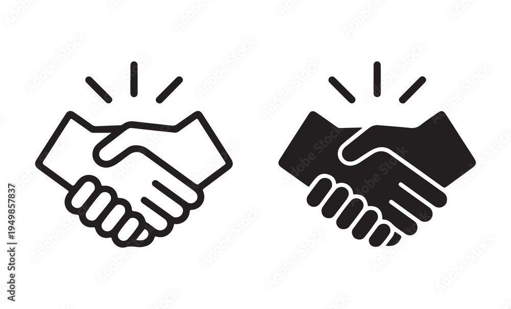 Fototapeta premium Two handshake icons showing agreement and partnership success with radiating lines and vibrant energy bursts
