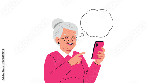 Smiling elderly woman with gray hair pointing at her pink smartphone with a blank white thought bubble above her head.