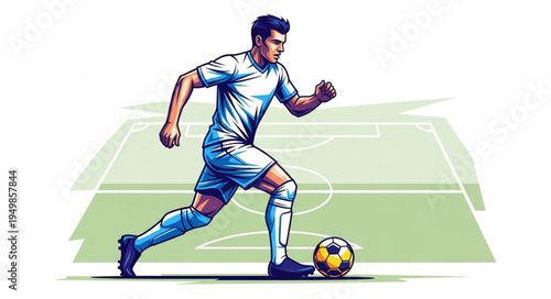 Soccer player running with ball on field illustration.
