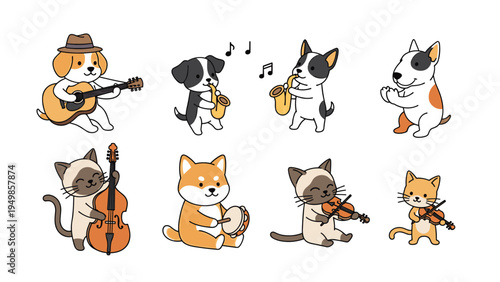 Diverse group of adorable dogs and cats in various breeds playing different musical instruments as a miniature animal orchestra.