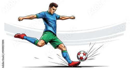 Soccer Player Kicking Ball Action Illustration.