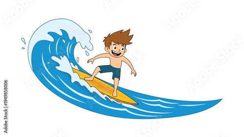 Happy young boy in blue swim trunks surfing on a massive blue ocean wave with white foam against a plain white background.