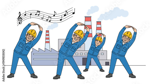 Group of factory workers in blue uniforms and hard hats performing stretching exercises to the beat of musical notes.