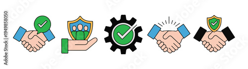 Professional business handshake icons set representing trust agreement and successful partnership cooperation
