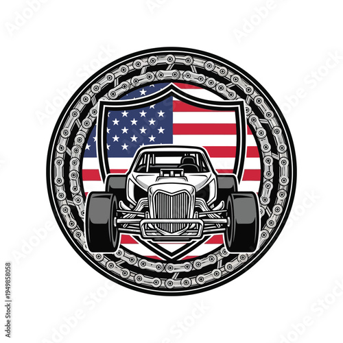 Vintage car emblem featuring an american flag design on a distressed background