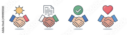 Colorful business collaboration icon collection showcasing agreement friendship and successful legal contracts