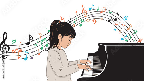 Young girl with dark hair sitting at a grand piano and playing music with colorful notes and symbols floating from the instrument.