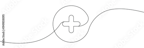 Continuous one line drawing of a medical plus sign icon inside a circle for health symbol. Editable stroke outline. Draw thin linear width. Single contour art. Doodle hand drawn vector illustration