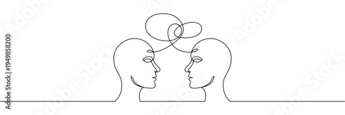 Continuous one line drawing of two human heads facing each other with connected speech bubble loops. Editable stroke outline. Single contour art. Doodle hand drawn vector illustration