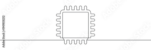 Continuous one line drawing of a computer processor chip representing technology hardware and electronic components. Editable stroke outline. Single contour art. Doodle hand drawn vector illustration