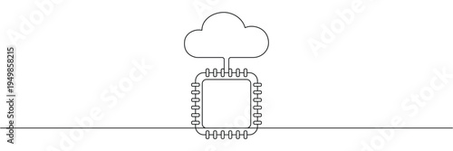 Continuous one line drawing of a computer processor chip connected to a digital cloud network. Editable stroke outline. Single contour art. Doodle hand drawn vector illustration