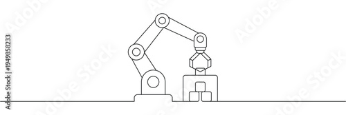 Industrial robotic arm automation continuous one line drawing picking up blocks for factory manufacturing process. Editable stroke outline. Single contour art. Doodle hand drawn vector illustration