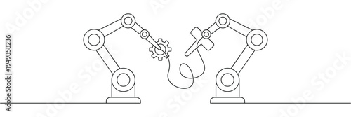 Robotic arms working together on assembly line with gear and tool line art drawing. Editable stroke outline. Draw thin linear width. Single contour art. Doodle hand drawn vector illustration